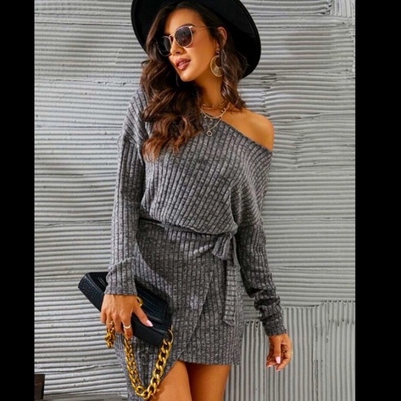 👑NEW WOMEN’S DARK GREY SWEATER DRESS WITH WAIST TIES! - Picture 2 of 7